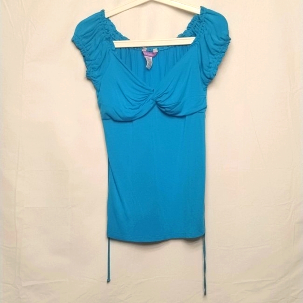 1955 vintage USA large blue women's padded blouse with tie up strings on sides